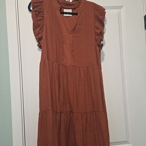 Chic Rust Midi Dress with Ruffle Sleeves